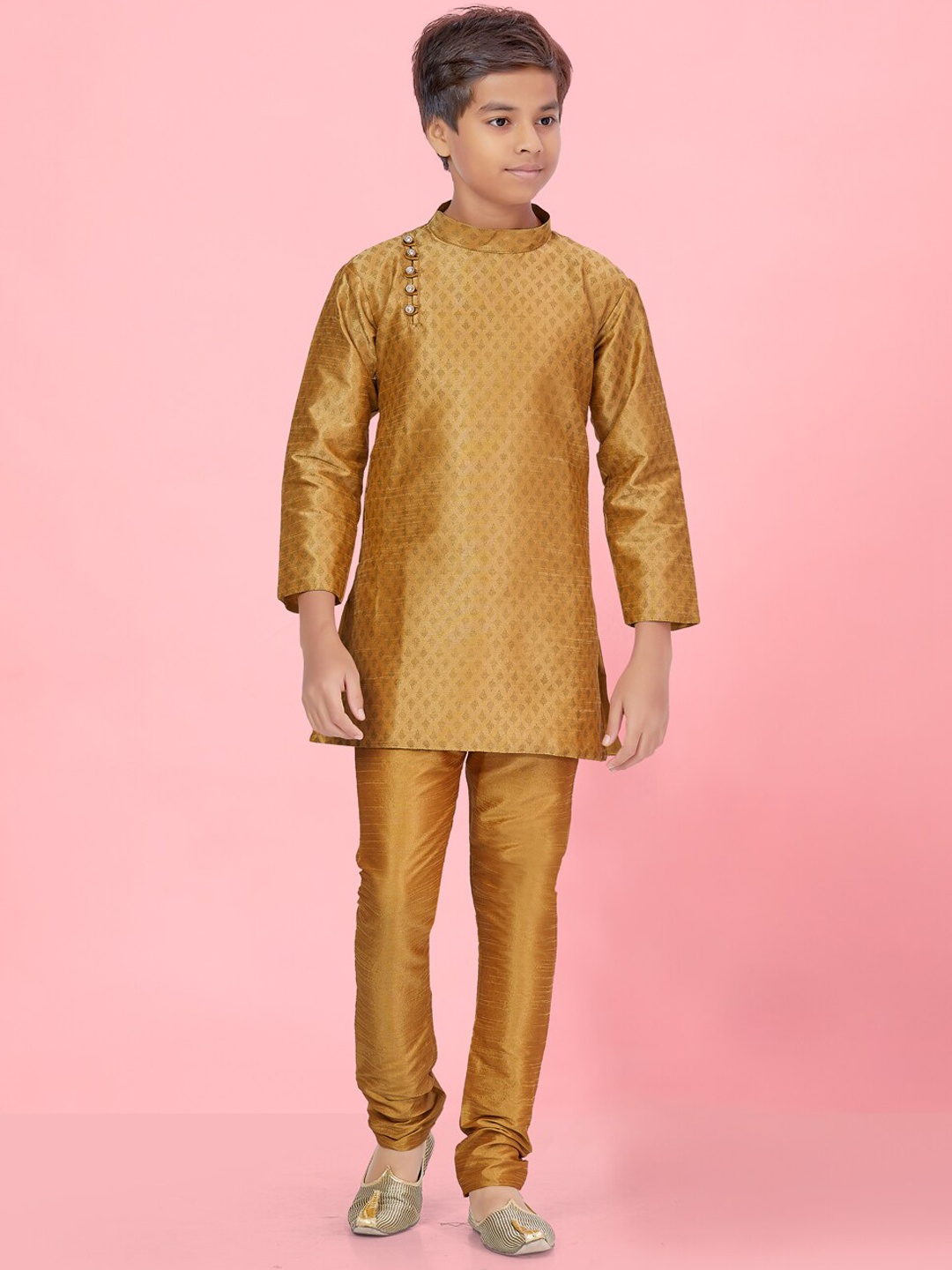 

Aarika Boys Ethnic Motifs Printed Regular Pure Silk Kurta with Churidar, Gold