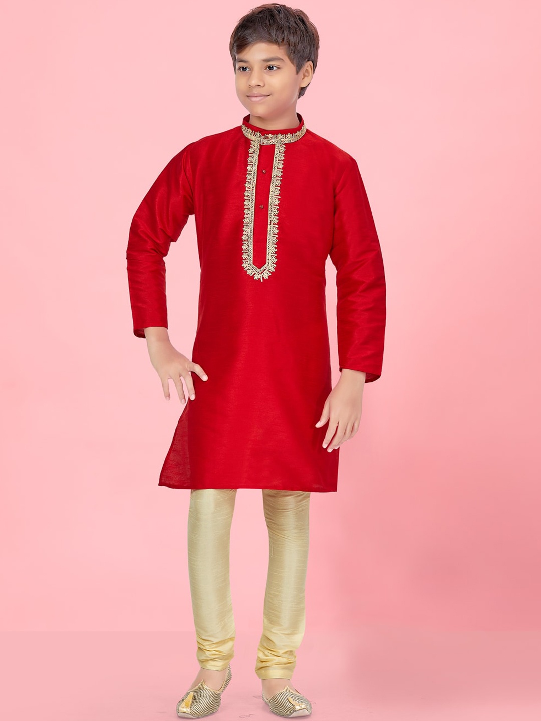 

Aarika Boys Floral Yoke Design Thread Work Pure Silk Kurta With Churidar, Red