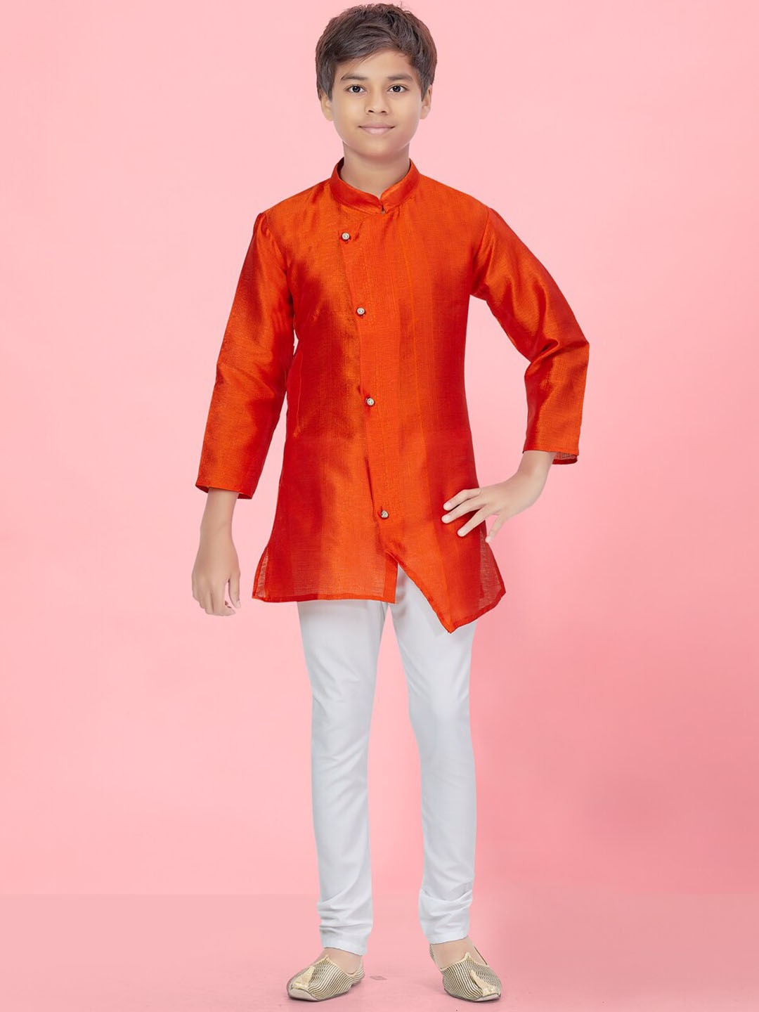

Aarika Boys Mandarin Collar Regular Pure Silk Kurta with Churidar, Orange