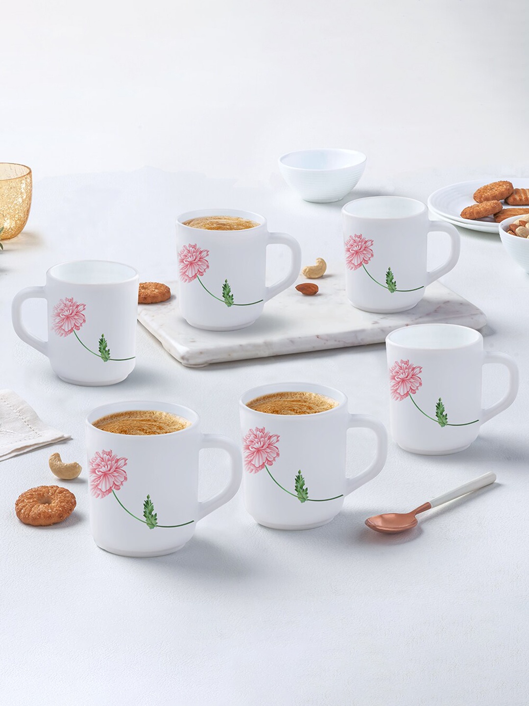 

Larah by BOROSIL Pink & White 6 Pieces Floral Printed Opalware Matte Mugs 240ml