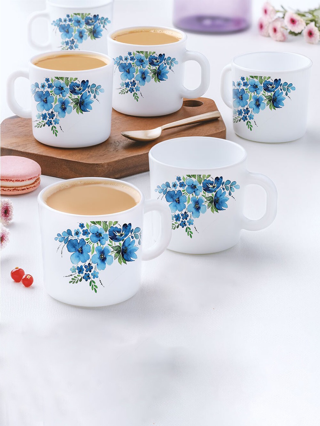 

Larah by BOROSIL Blue & White 6-Pieces Floral Printed Opalware Matte Mugs 180 ml