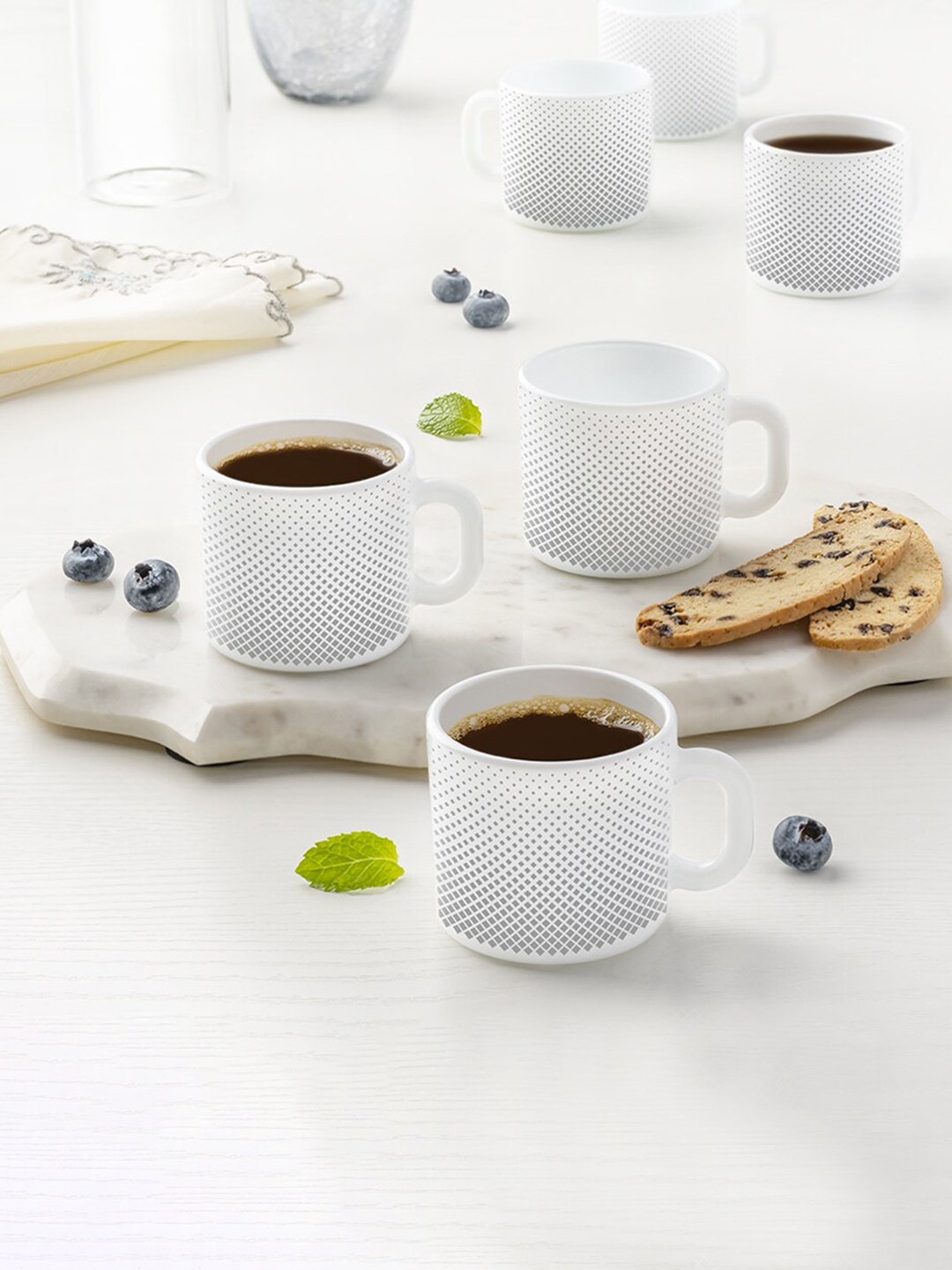 

Larah by BOROSIL Grey & White 6 Pcs Printed Opalware Matte Mugs - 100 ML Each