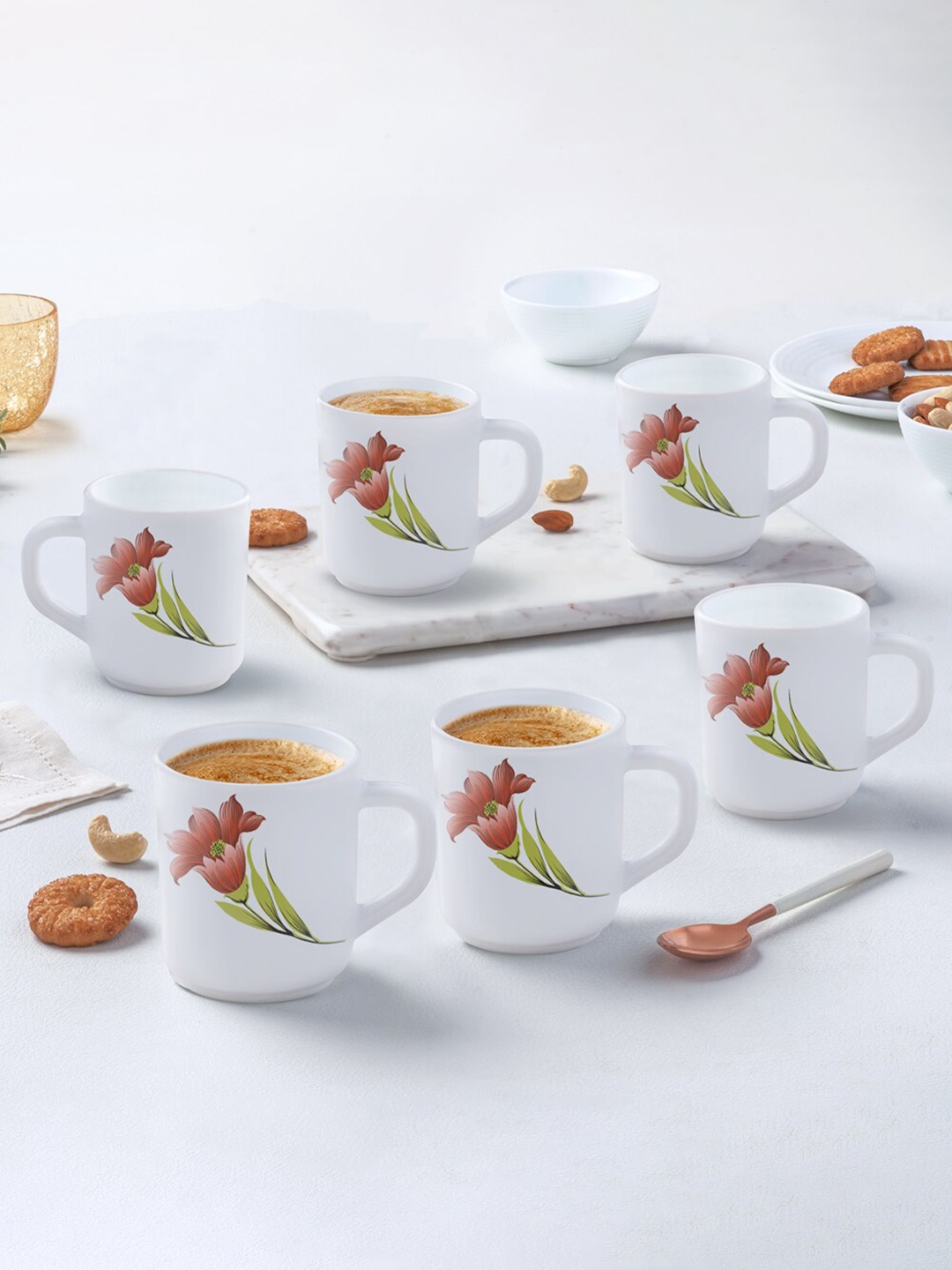 

Larah by BOROSIL Red & White 6-Pieces Floral Printed Opalware Matte Mugs 240 ml