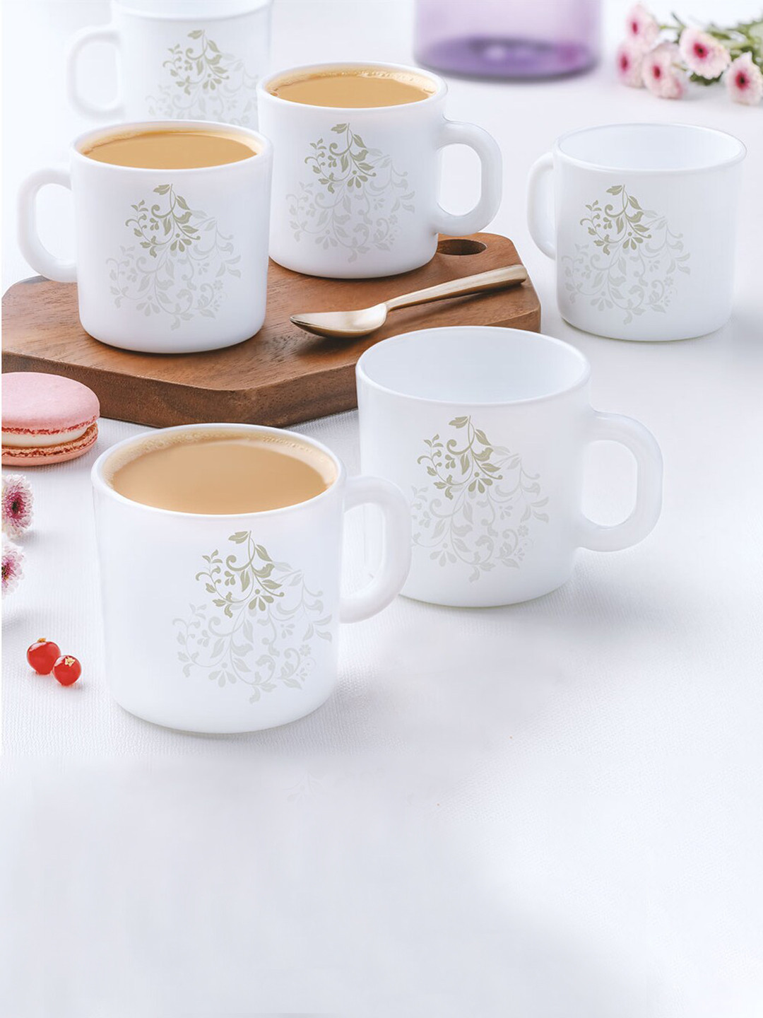 

Larah by BOROSIL Beige & White 12-Pieces Floral Printed Opalware Matte Mugs 180 ml
