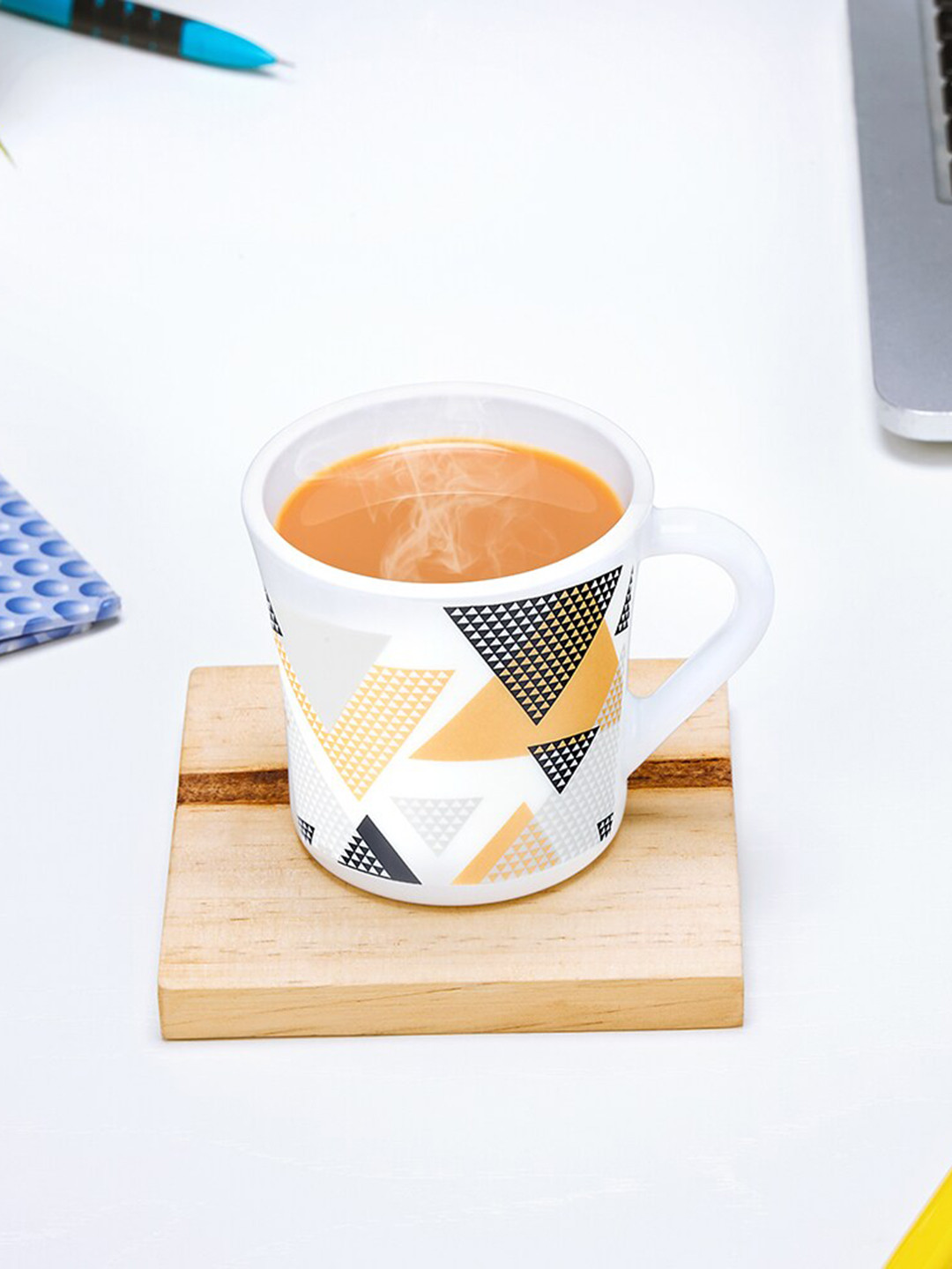

Larah by BOROSIL Nivaah 6 Pcs White & Yellow Geometric Opalware Coffee Mugs - 160 ML Each