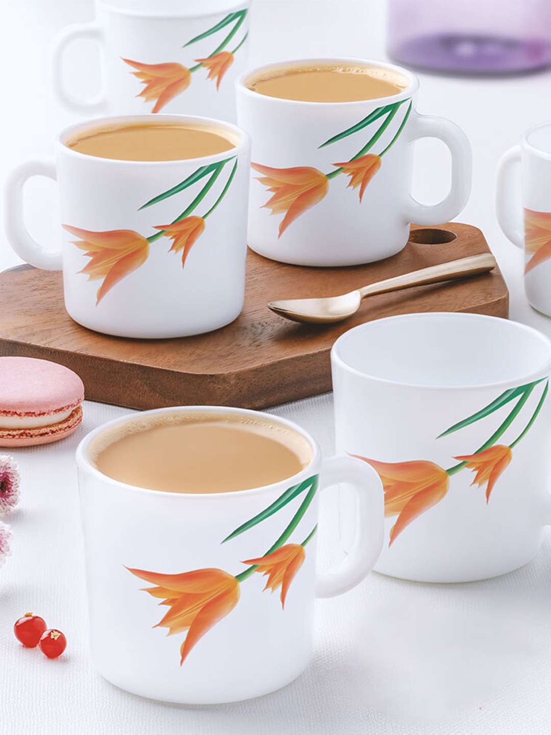 

Larah by BOROSIL Orange & White 6 Pieces Floral Printed Opalware Matte Mugs 180 ml