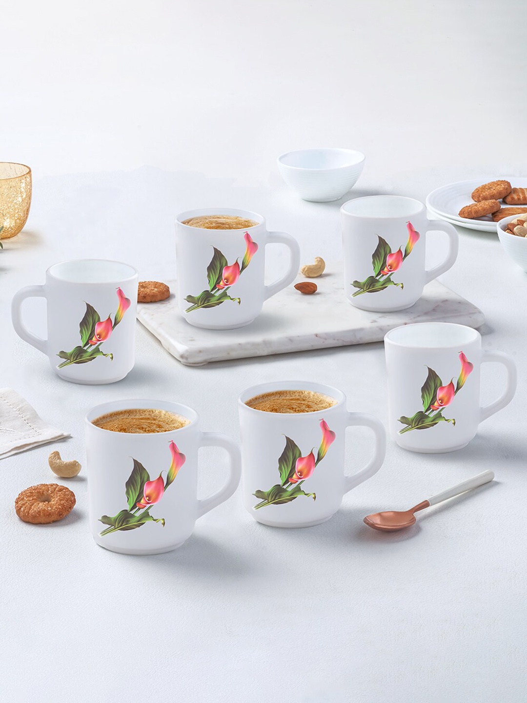 

Larah by BOROSIL Stargazer 6 Pcs White & Peach-Coloured Floral Opalware Mugs - 240 ML Each