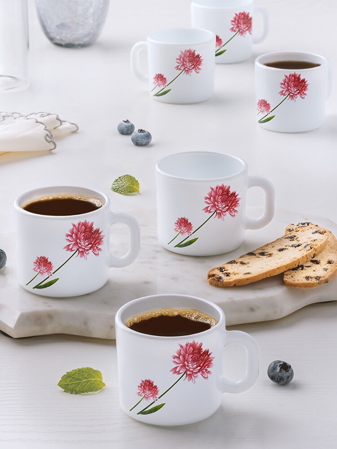 

Larah by BOROSIL Pink & White 6 Pieces Floral Printed Opalware Matte Coffee Mugs 100 ml