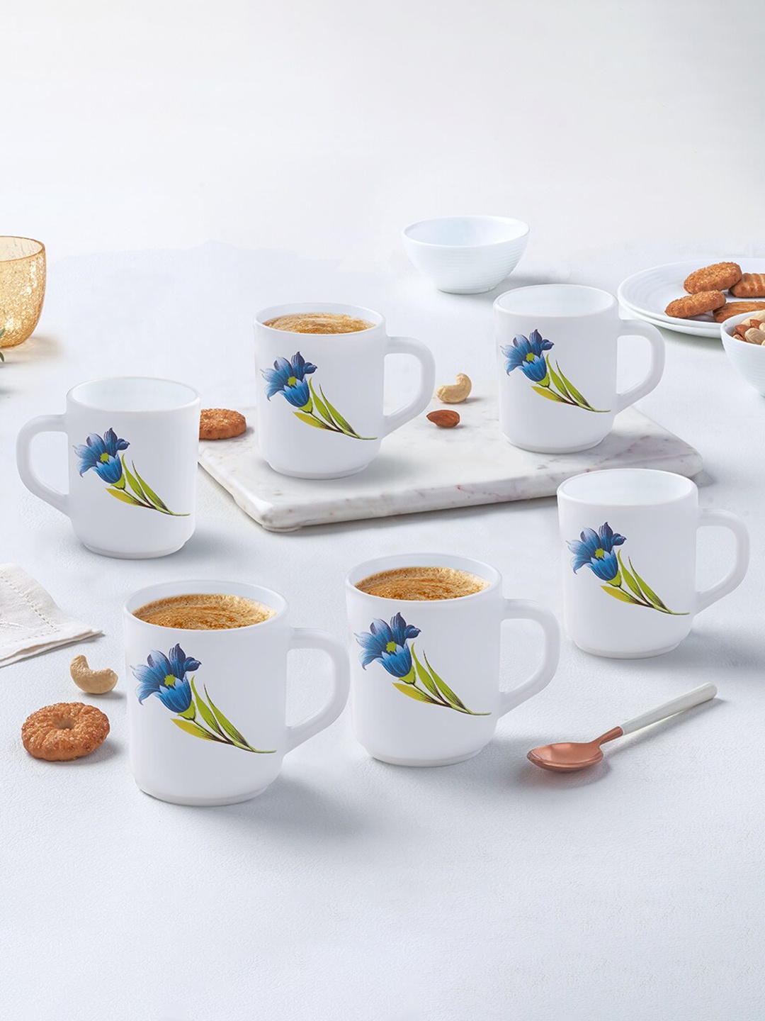 

Larah by BOROSIL Blue & White 6-Pcs Floral Printed Opalware Matte Mugs 240 ml