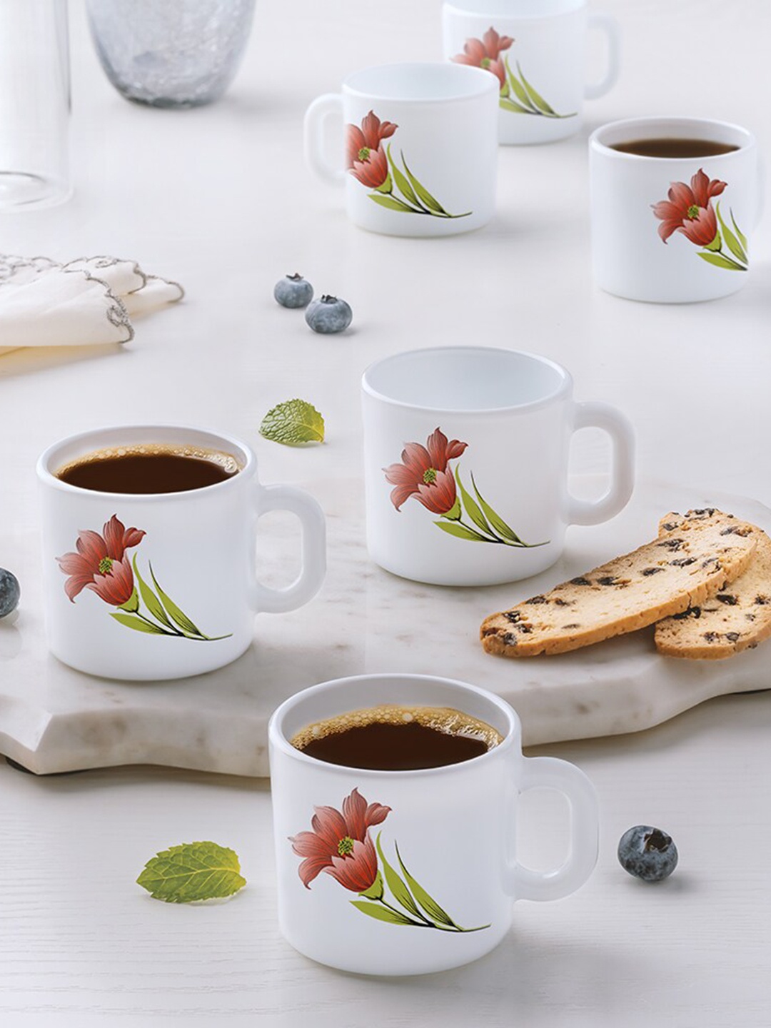

Larah by BOROSIL Red & White 6 Pieces Floral Printed Opalware Matte Mugs 100 ML Each