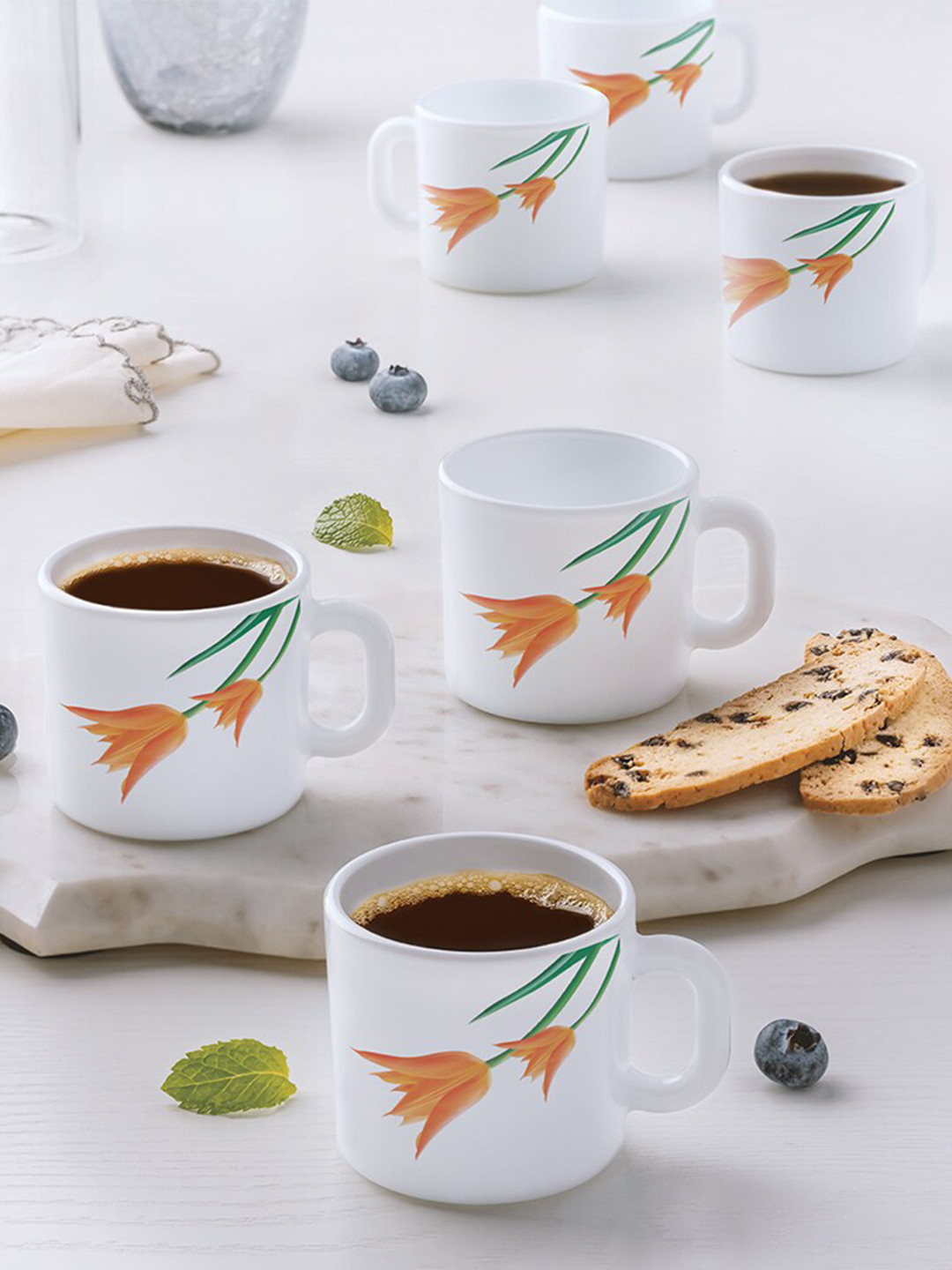 

Larah by BOROSIL Orange & White 6 Pieces Floral Printed Opalware Matte Mugs 100ml