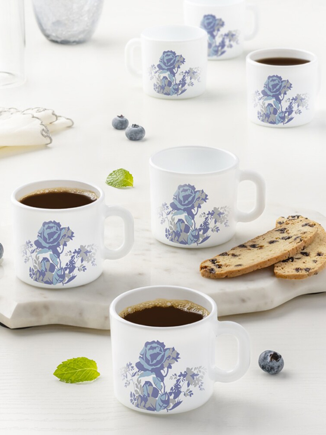 

Larah by BOROSIL Blue & White 6 Pieces Floral Printed Opalware Matte Coffee Mugs 100 ml