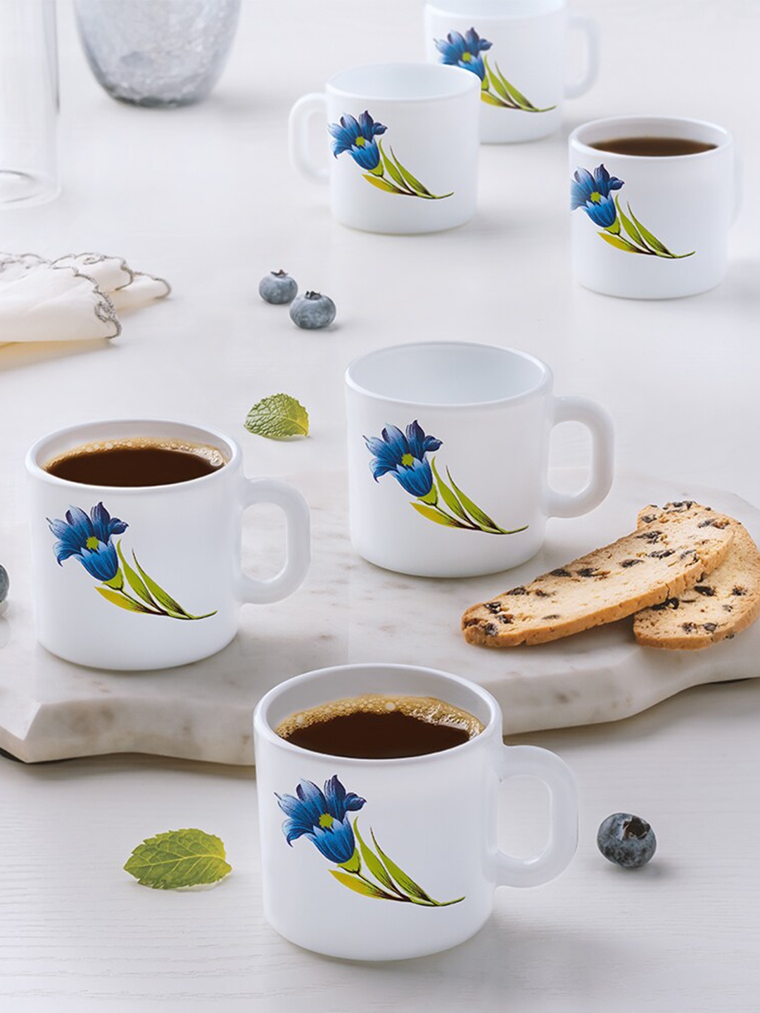 

Larah by BOROSIL Blue & White 6 Pieces Floral Printed Opalware Matte Coffee Mugs 100 ml