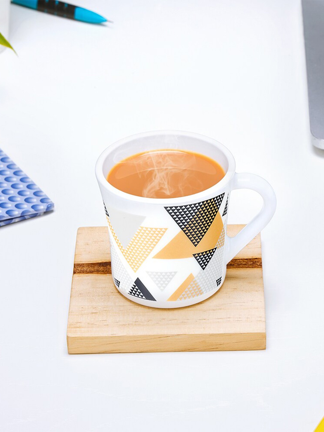 

Larah by BOROSIL Yellow & White 6 Pcs Geometric Printed Opalware Matte Mugs - 210 ML Each