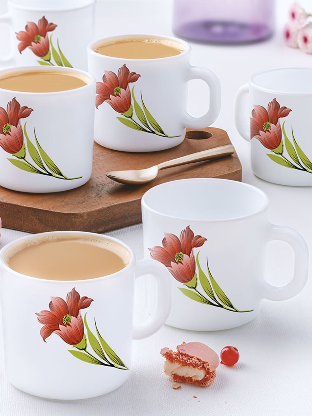 

Larah by BOROSIL Red & White 12 Pieces Floral Printed Opalware Matte Mugs 180 ML Each