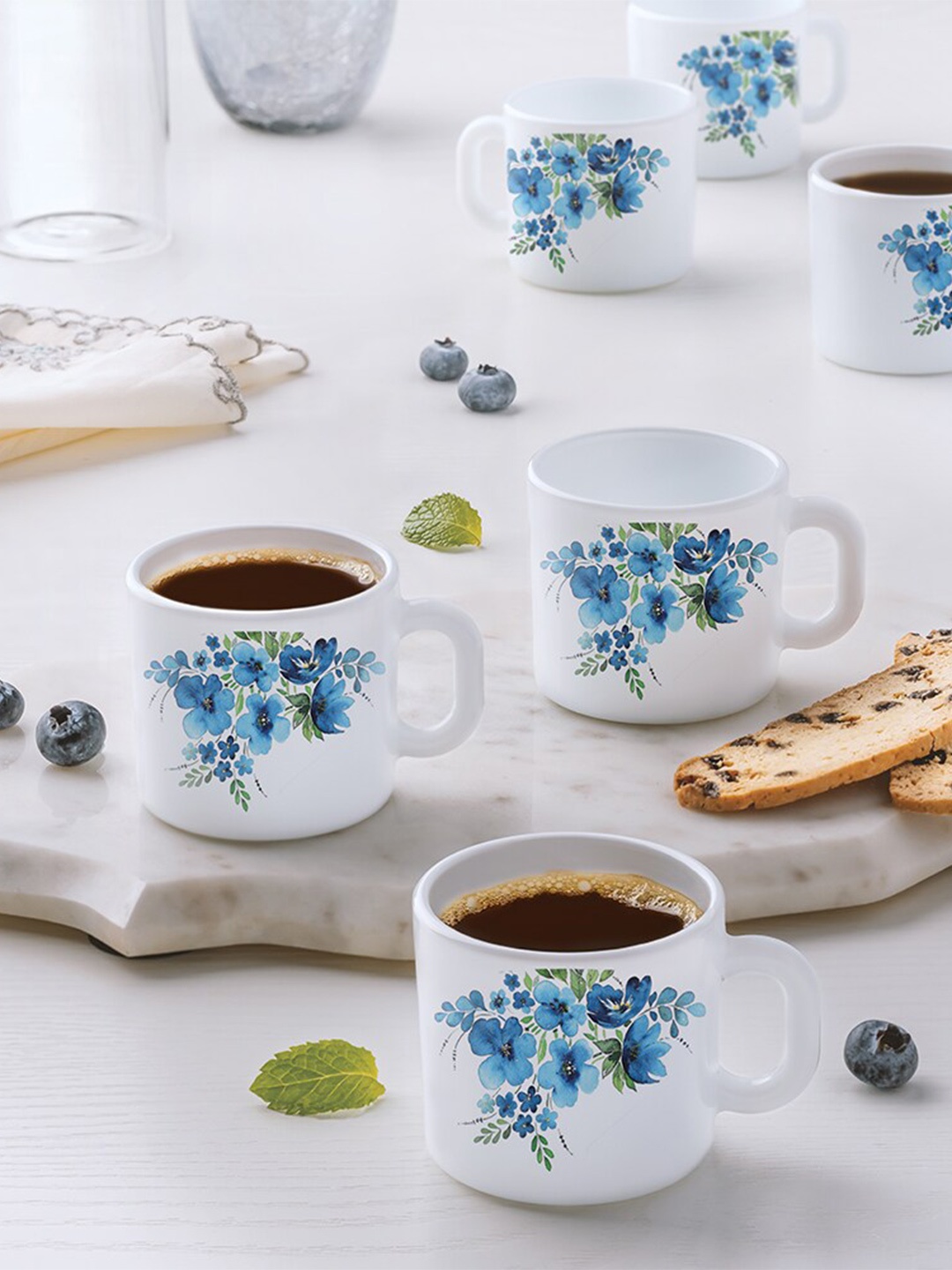

Larah by BOROSIL Blue & White 6 Pieces Floral Printed Opalware Matte Mugs 180ml