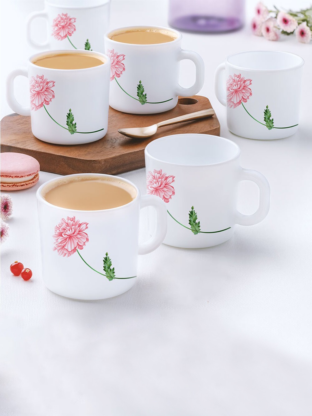 

Larah by BOROSIL Pink & White 12 Pieces Floral Printed Opalware Matte Mugs 180 ml