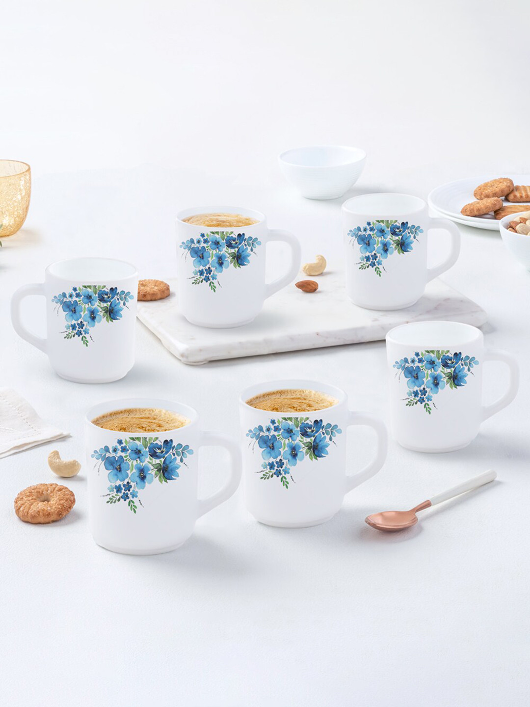 

Larah by BOROSIL Blue & White 6 Pieces Floral Printed Opalware Matte Mugs