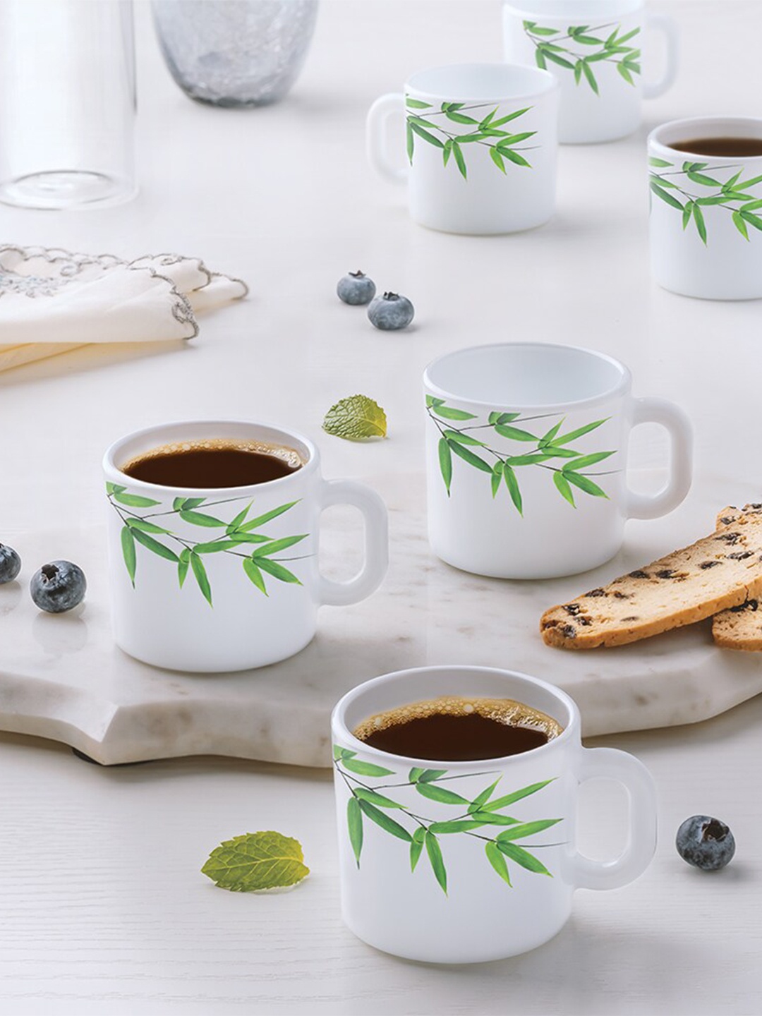 

Larah by BOROSIL Green & White 6 Pieces Floral Printed Opalware Matte Mugs 100ml