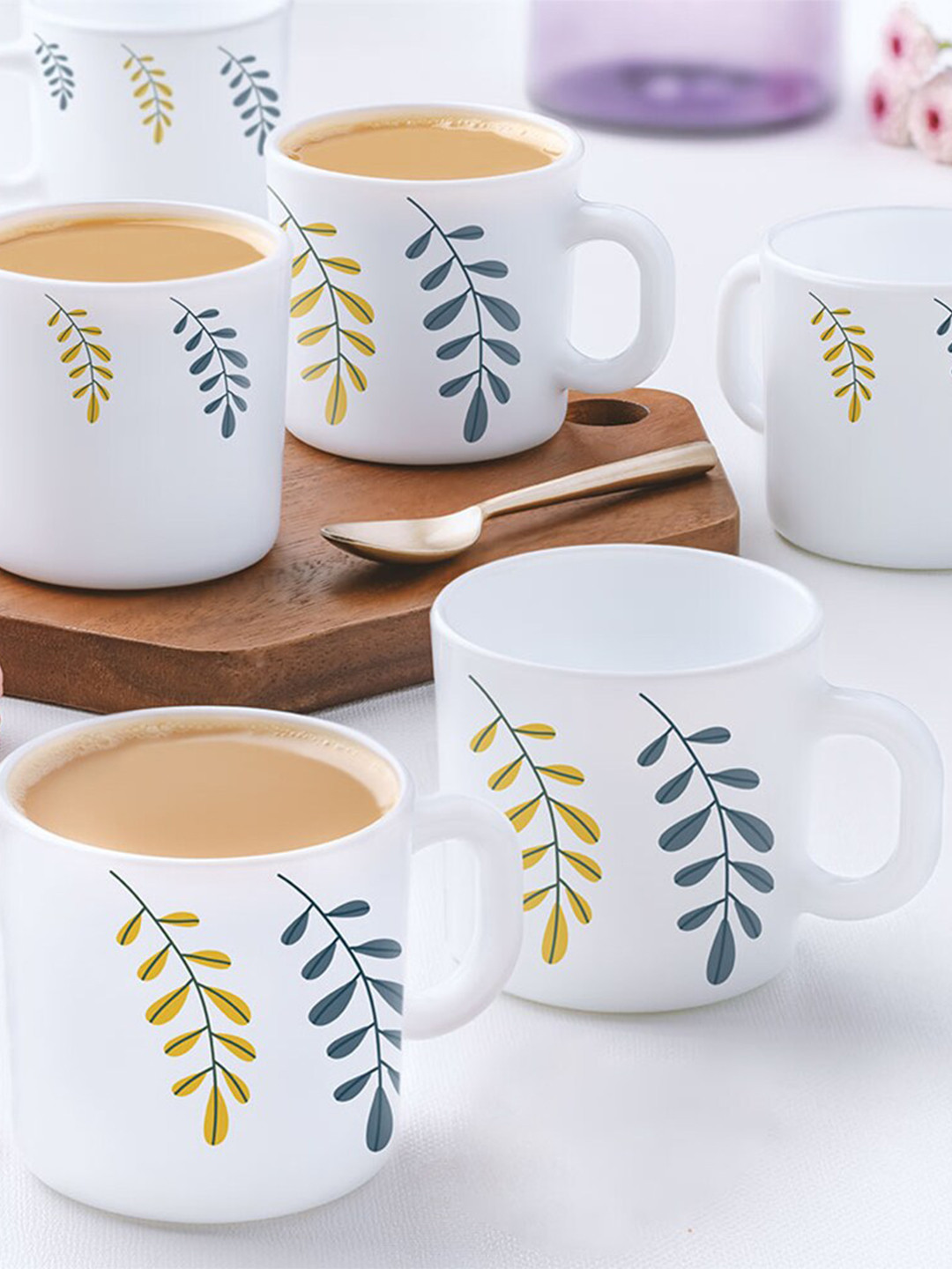 

Larah by BOROSIL Yellow & White 6 Pcs Floral Printed Opalware Matte Mugs - 180 ML Each