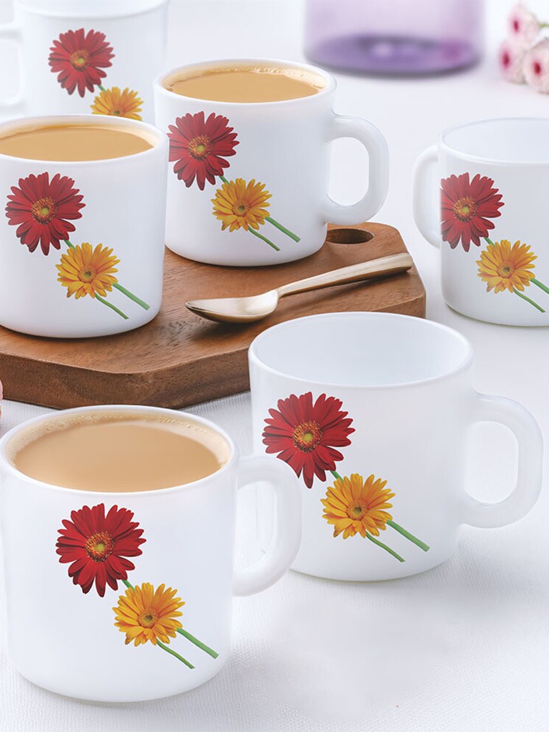 

Larah by BOROSIL Red & White 6 Pieces Floral Printed Opalware Matte Mugs 180ml