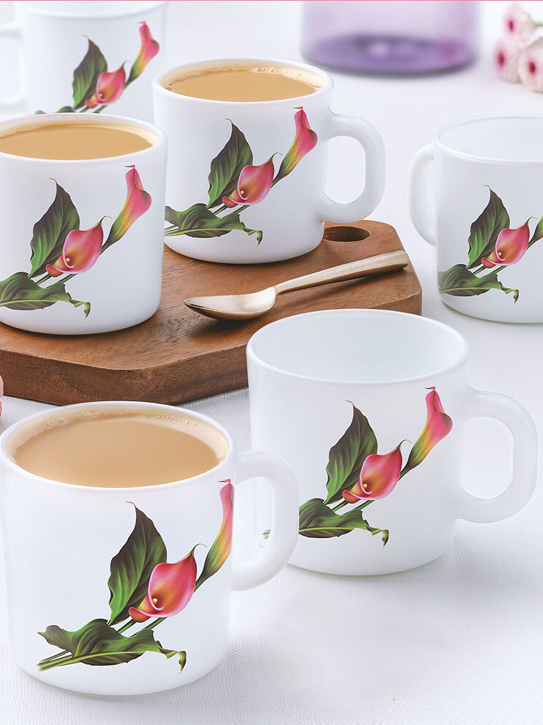 

Larah by BOROSIL Peach-Coloured 6 Pieces Floral Printed Opalware Matte Mugs 180 ML Each