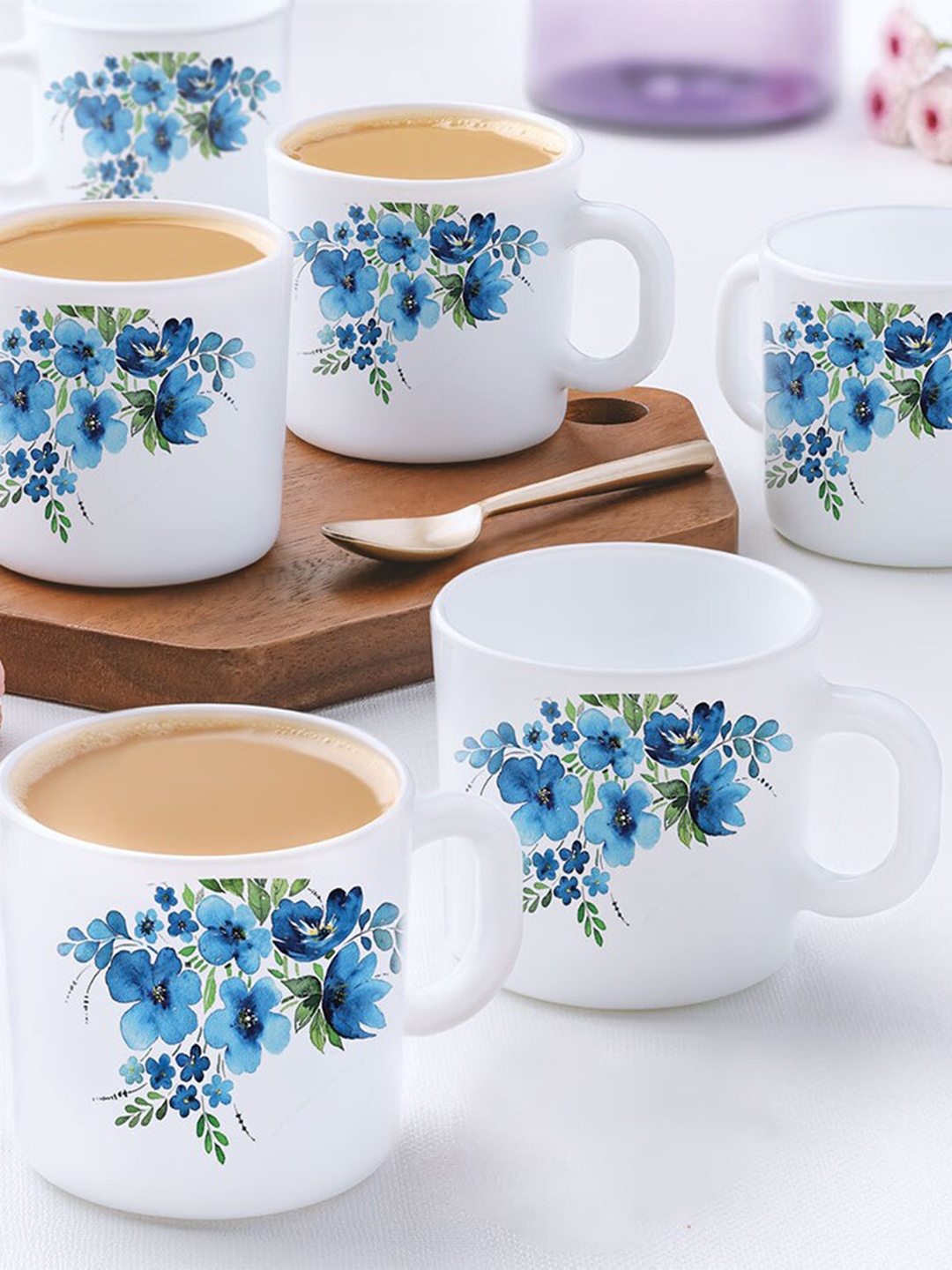 

Larah by BOROSIL Blue & White 12 Pieces Floral Printed Opalware Matte Mugs 180 ml