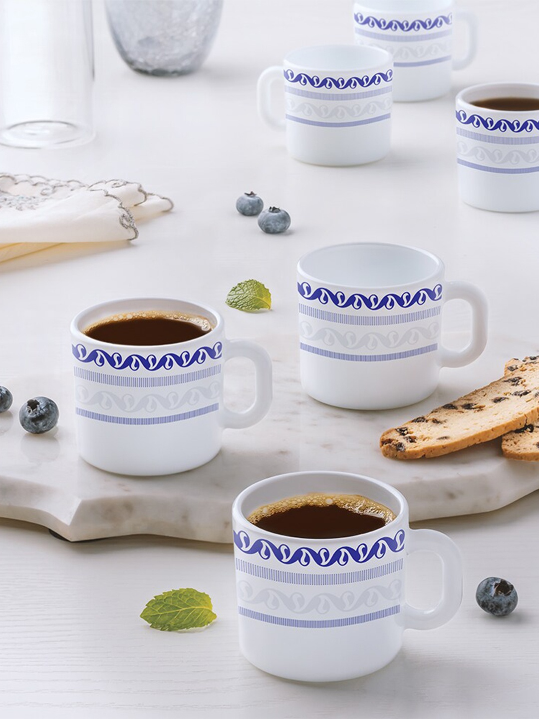 

Larah by BOROSIL Blue & White 6 Pcs Printed Opalware Matte Mugs - 100 ML Each