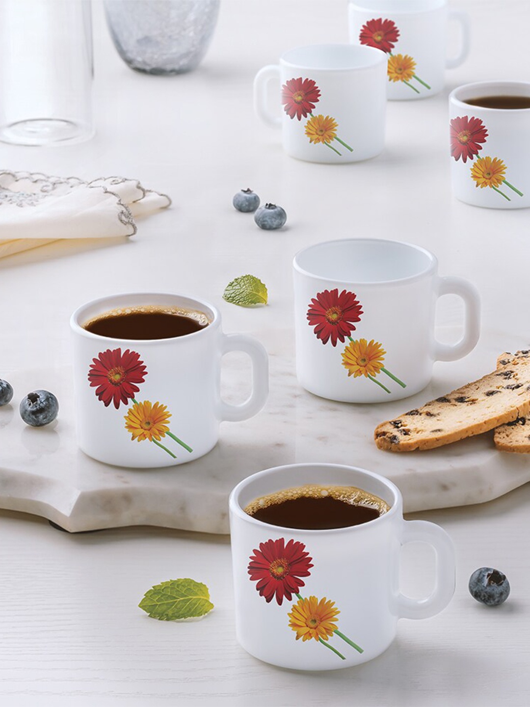 

Larah by BOROSIL Red & White 6 Pieces Floral Printed Opalware Matte Mugs 100 ML Each