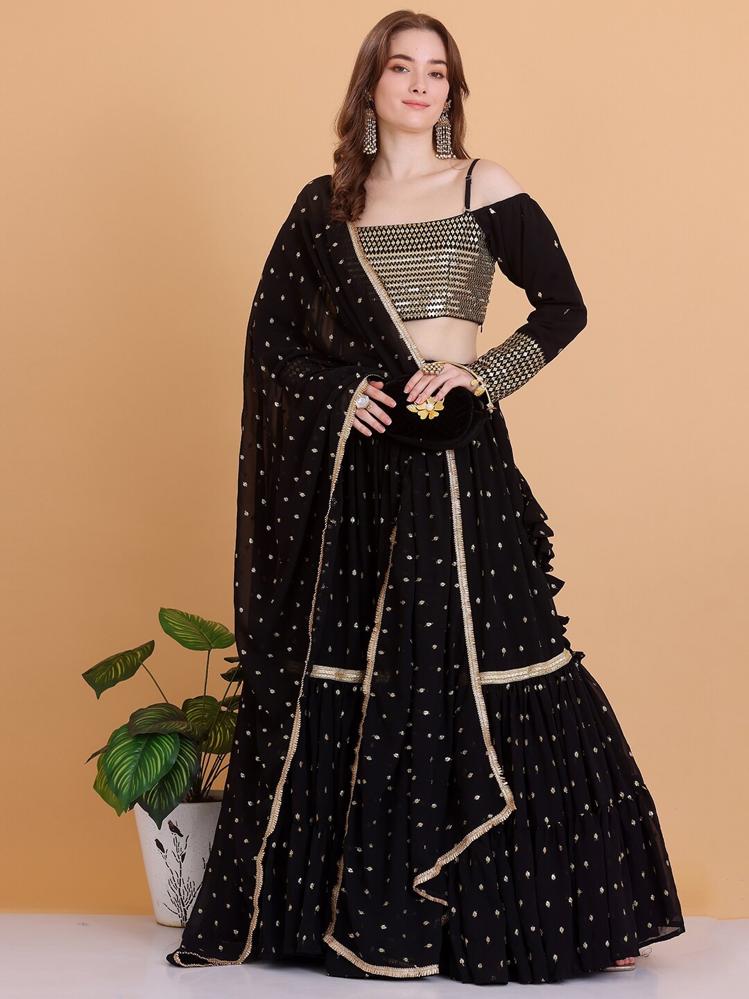 

Ethnovog Embellished Sequinned Detail Ready to Wear Lehenga & Blouse With Dupatta, Black