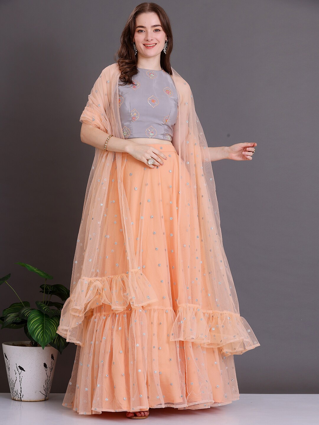 

Ethnovog Ethnic Motifs Embroidered Sequinned Ready to Wear Lehenga & Blouse With Dupatta, Grey