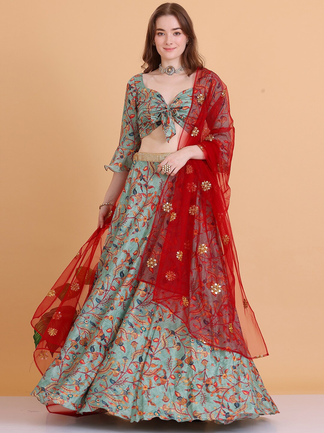 

Ethnovog Printed Sequinned Ready to Wear Lehenga & Blouse With Dupatta, Green