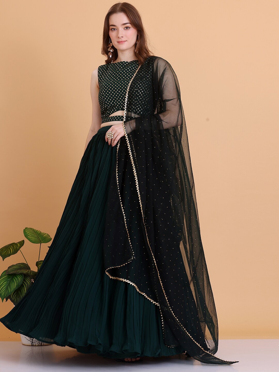 

Ethnovog Embellished Sequinned Ready to Wear Lehenga & Blouse With Dupatta, Green