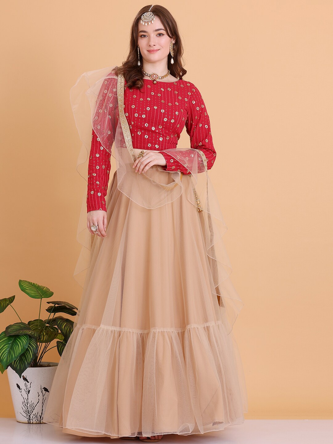 

Ethnovog Embellished Sequinned Ready to Wear Lehenga & Blouse With Dupatta, Pink