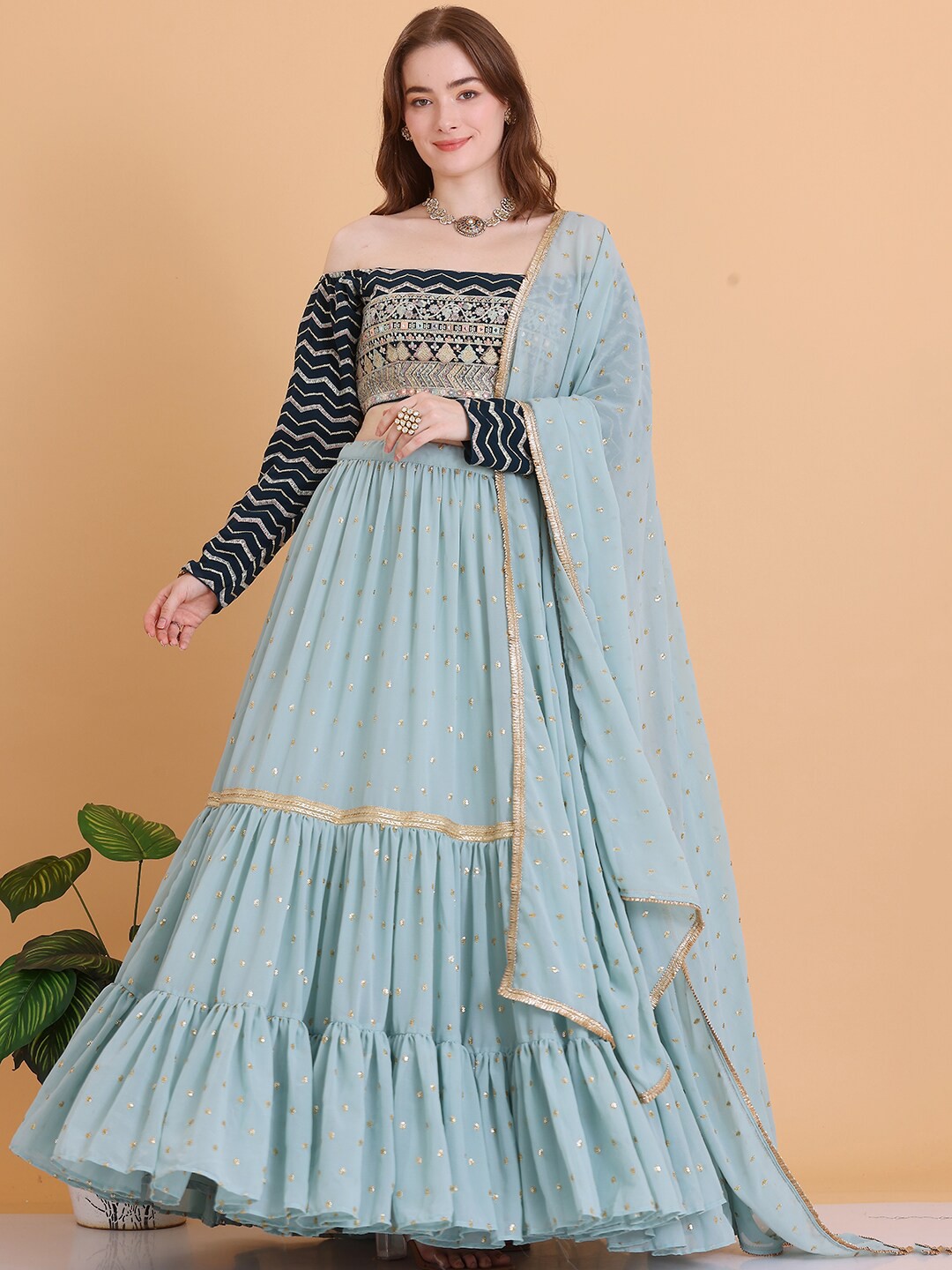 

Ethnovog Ethnic Motifs Embroidered Sequinned Ready to Wear Lehenga & Blouse With Dupatta, Green