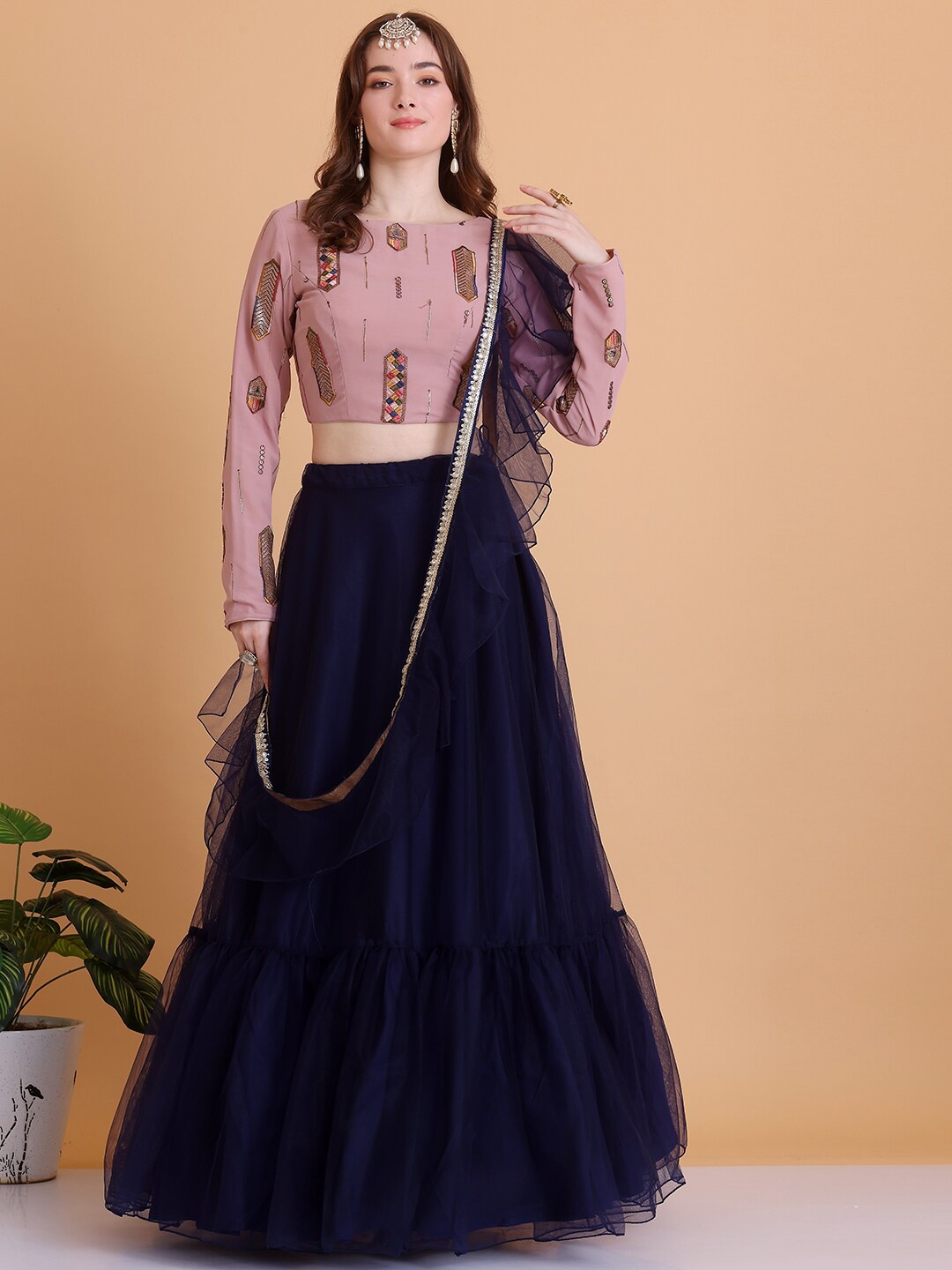 

Ethnovog Embroidered Ready to Wear Lehenga & Blouse With Dupatta, Pink