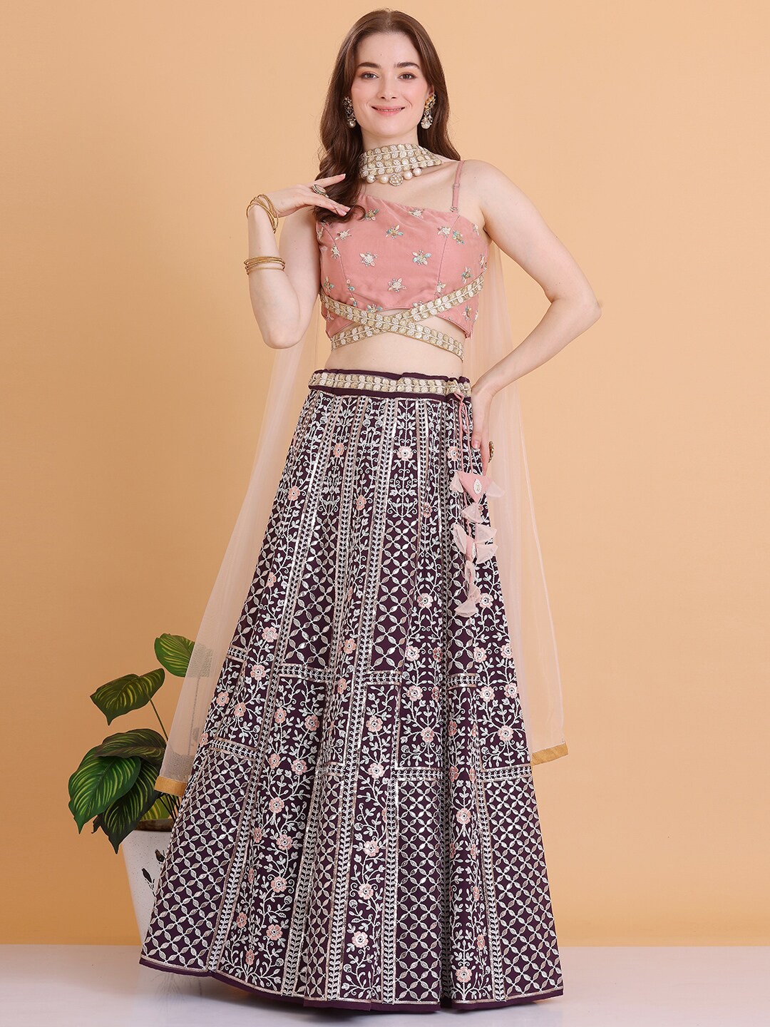 

Ethnovog Embroidered Sequinned Ready to Wear Lehenga & Blouse With Dupatta, White
