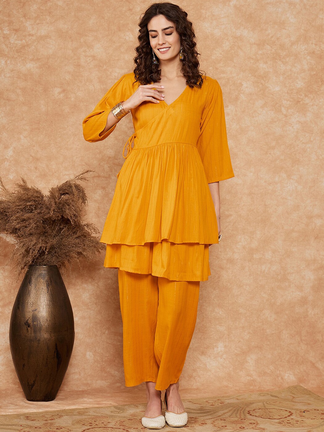 

InWeave Striped Angrakha Kurti With Trousers, Mustard