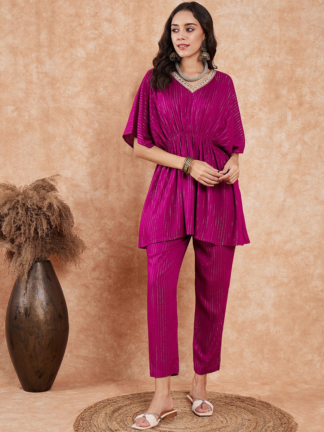 

InWeave Striped V-Neck Kaftan Pure Cotton Kurta Set, Magenta