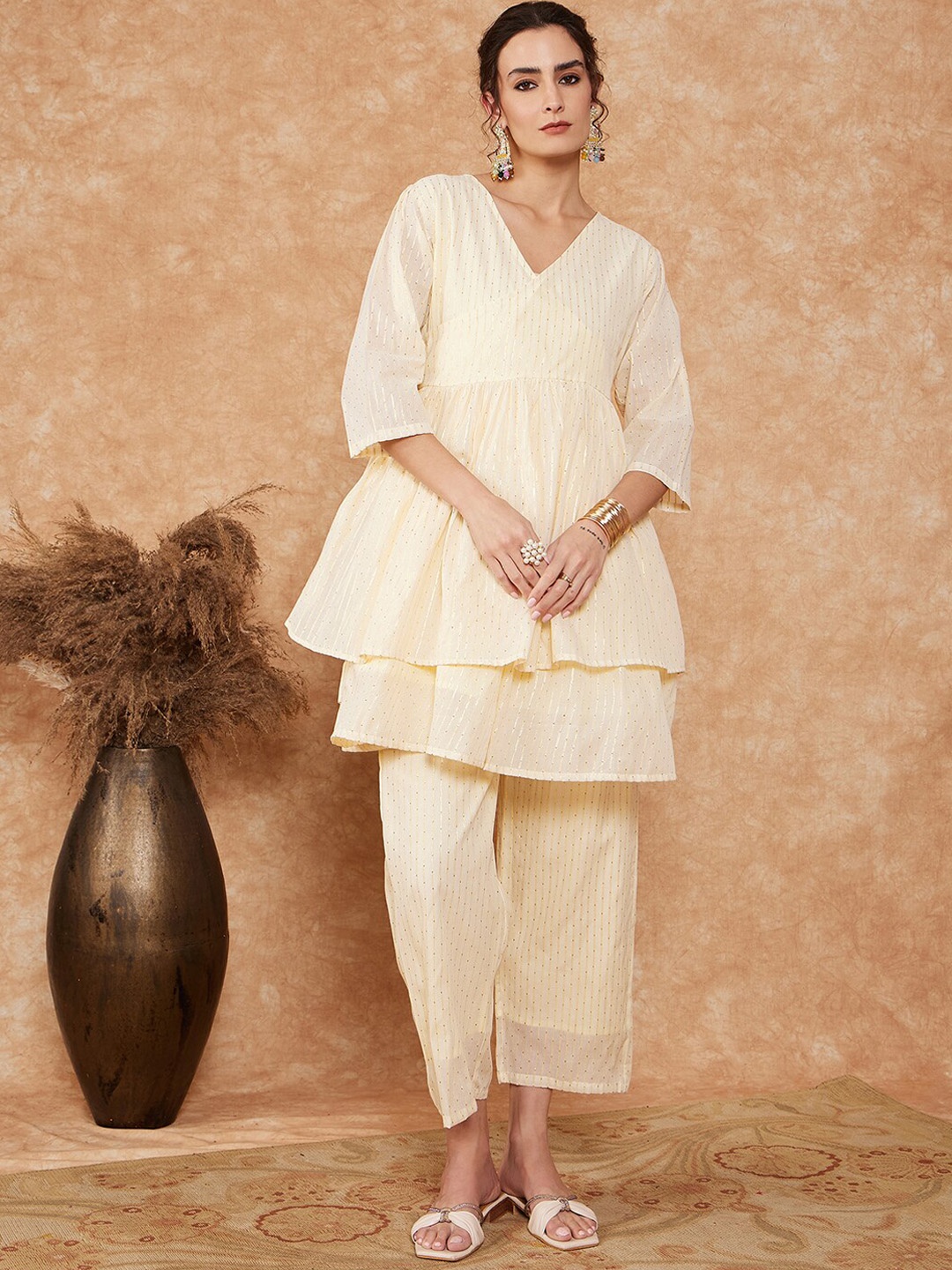 

InWeave Woven Design Angrakha Pure Cotton Kurti With Trousers, White