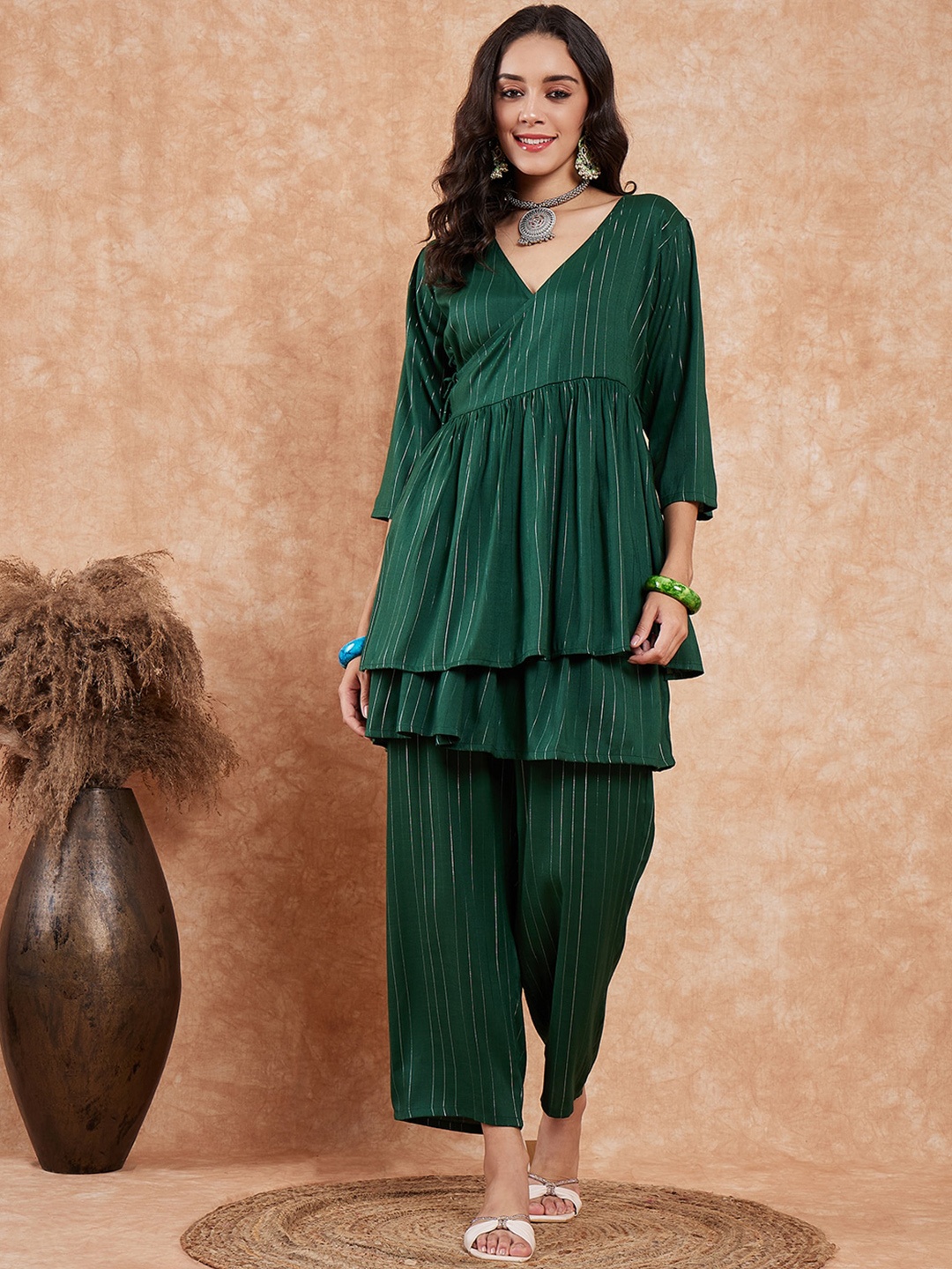 

InWeave Striped V-Neck Angrakha A-Line Kurti with Trousers, Green