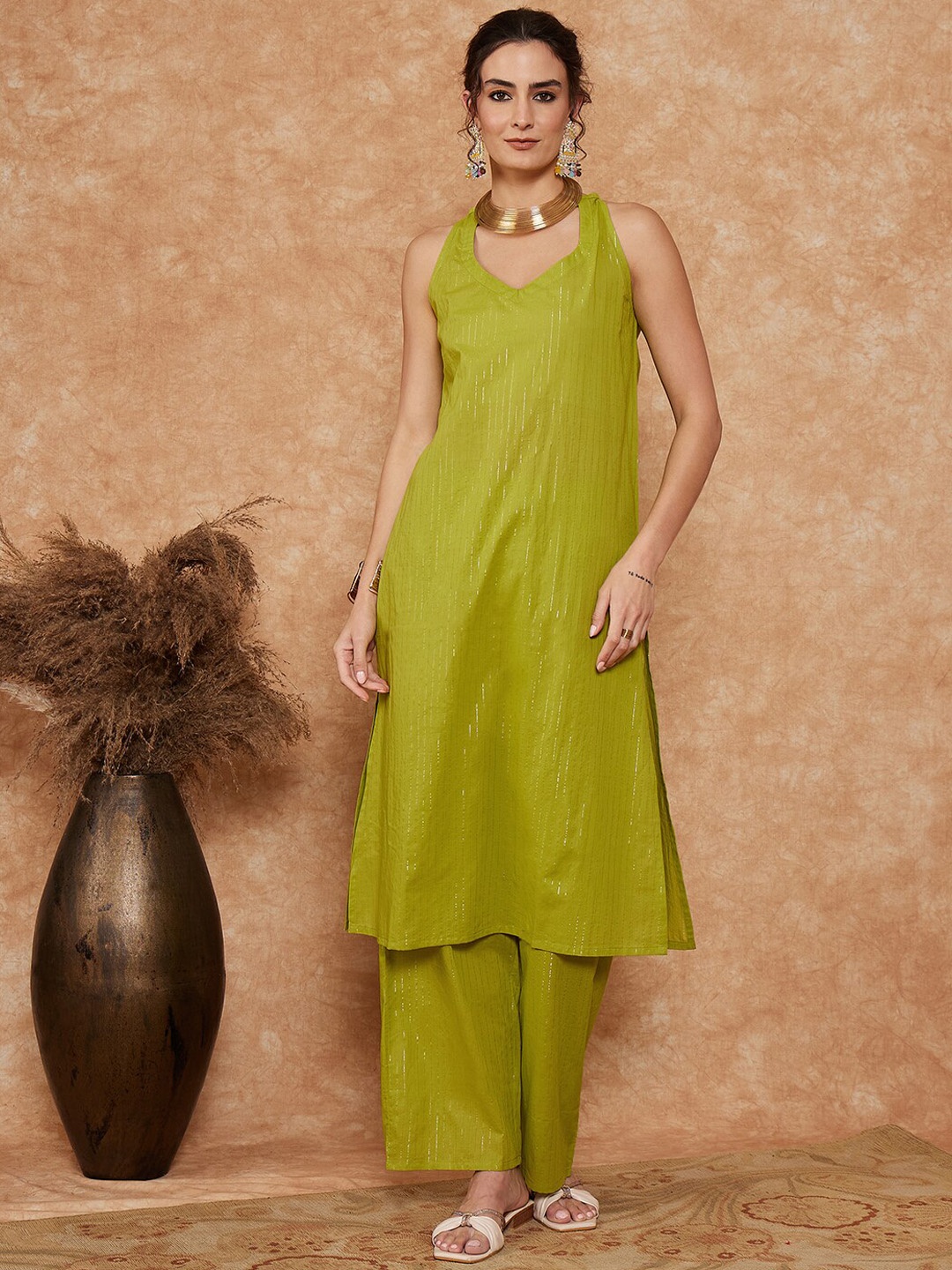 

InWeave Striped Halter Neck Pure Cotton Straight Kurta with Trousers, Lime green