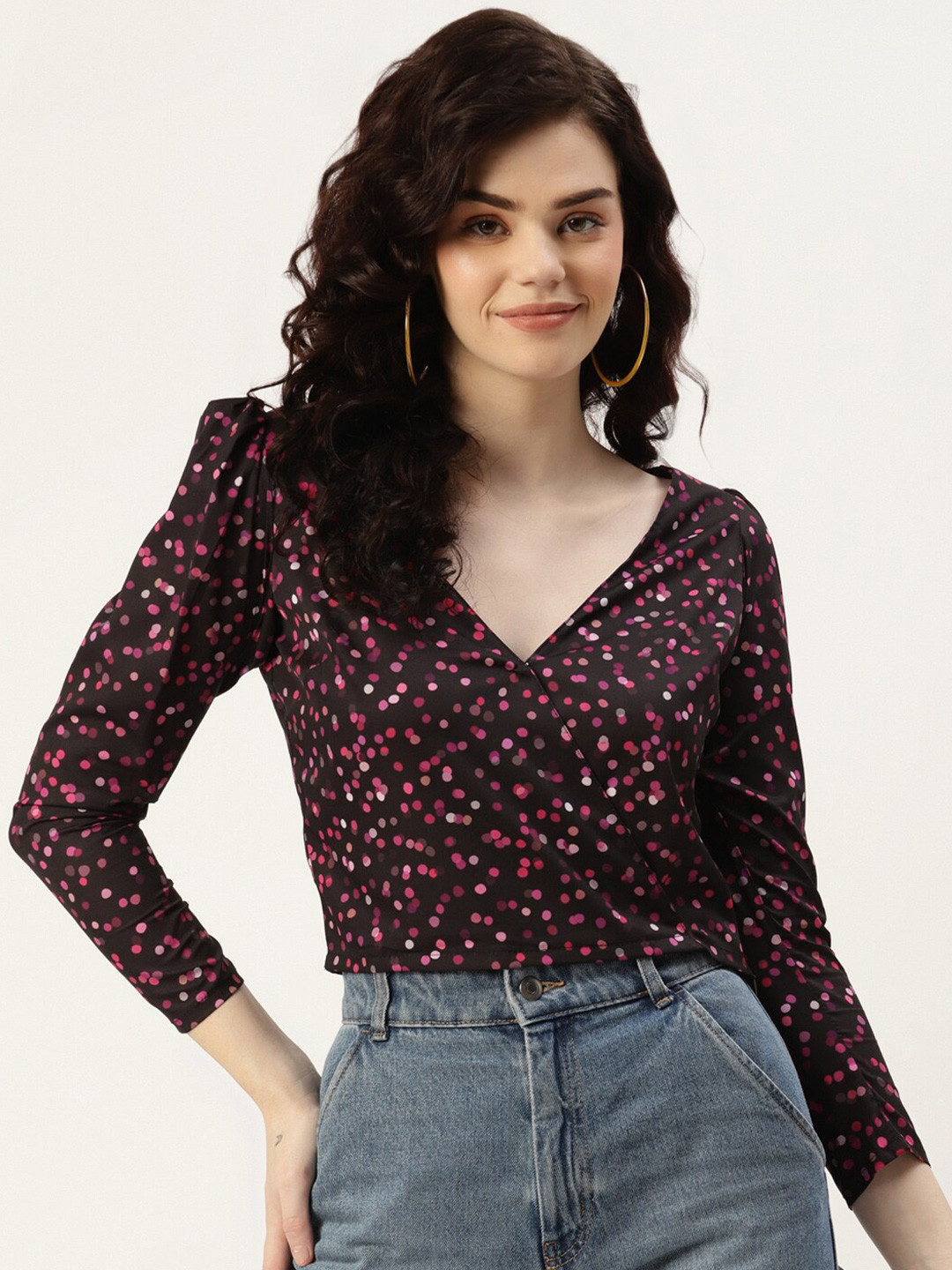 

Sleek Italia Polka Dots Printed V-Neck Puff Sleeves Crepe Top, Black