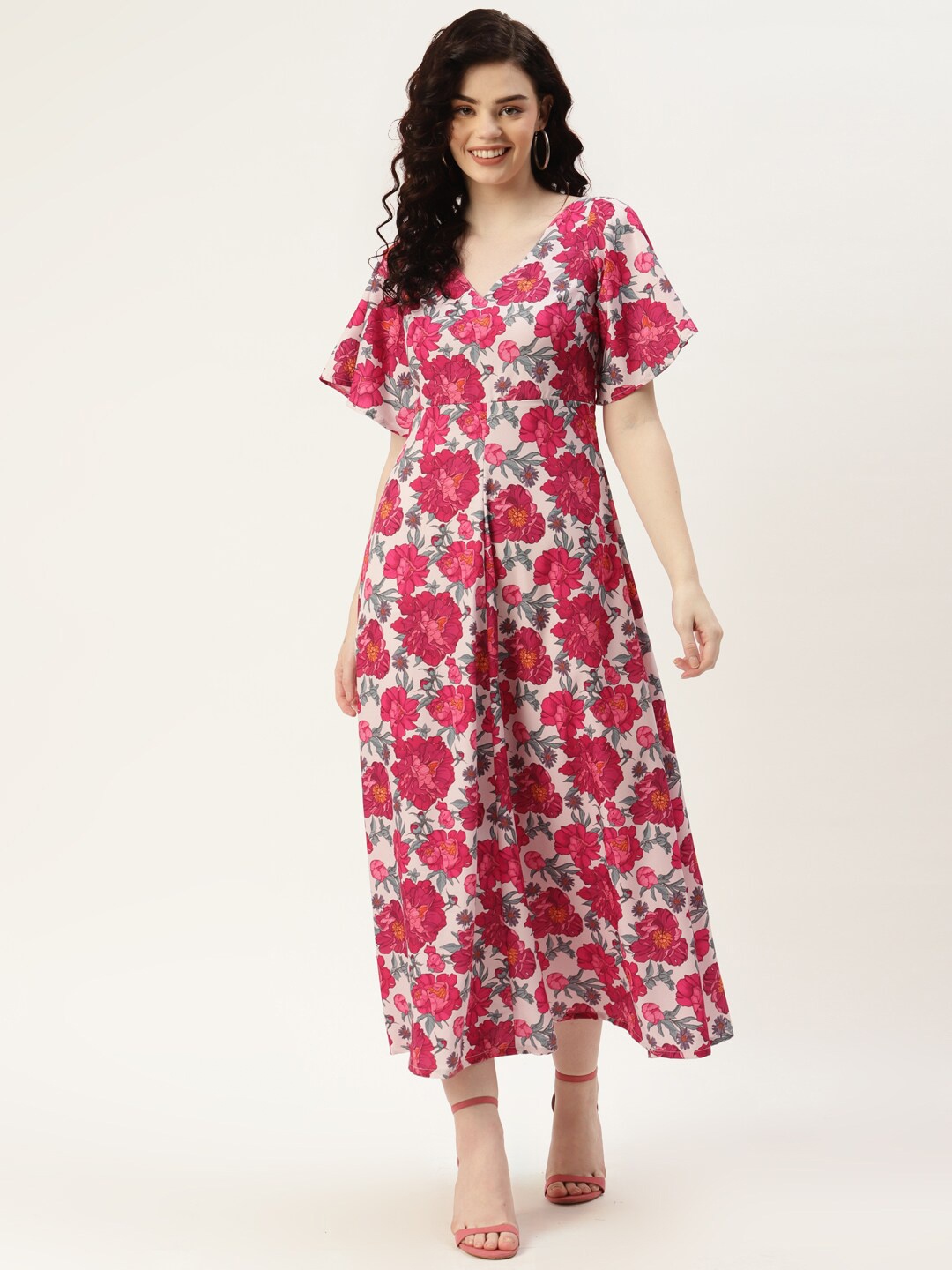 

Sleek Italia Floral Printed Flared Sleeve Crepe A-Line Midi Dress, Beige
