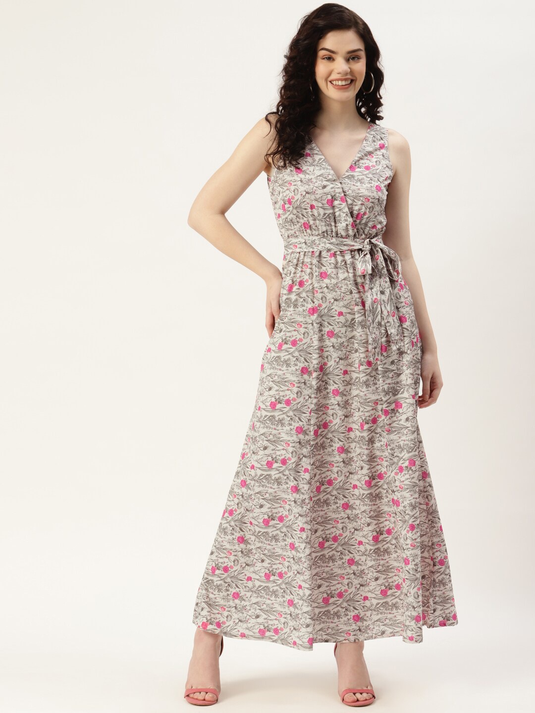 

Sleek Italia Floral Printed Crepe A-Line Dress Comes With A Belt, Beige