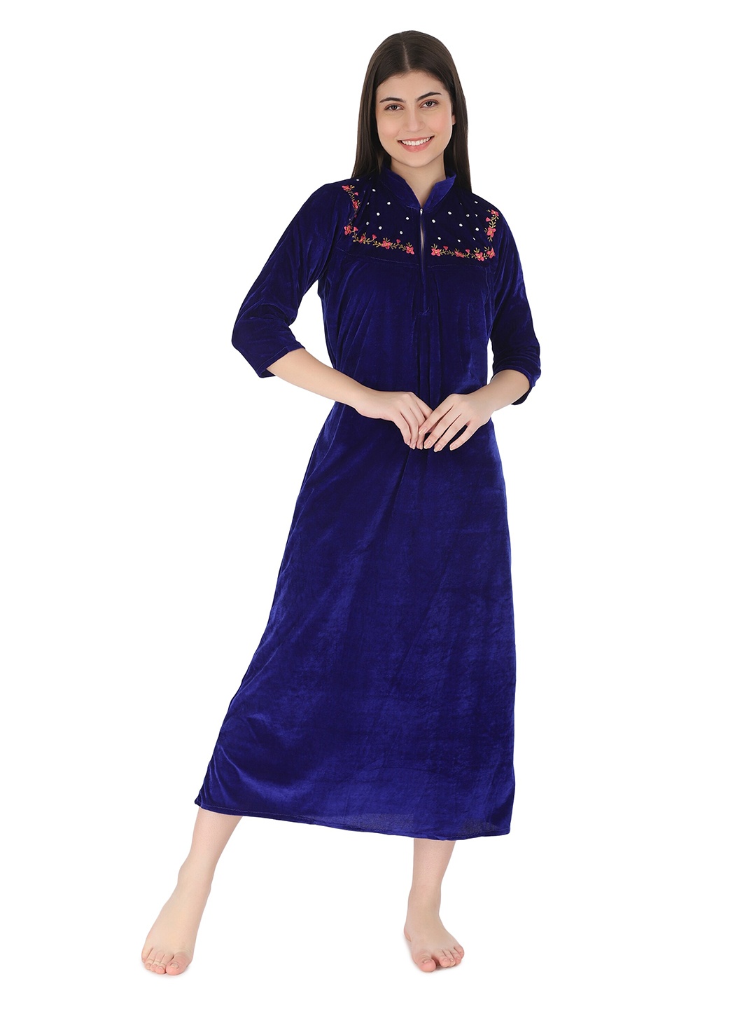 

Kastner Floral Embroidered Velvet Mandarin Collar Maxi Nightdress, Blue