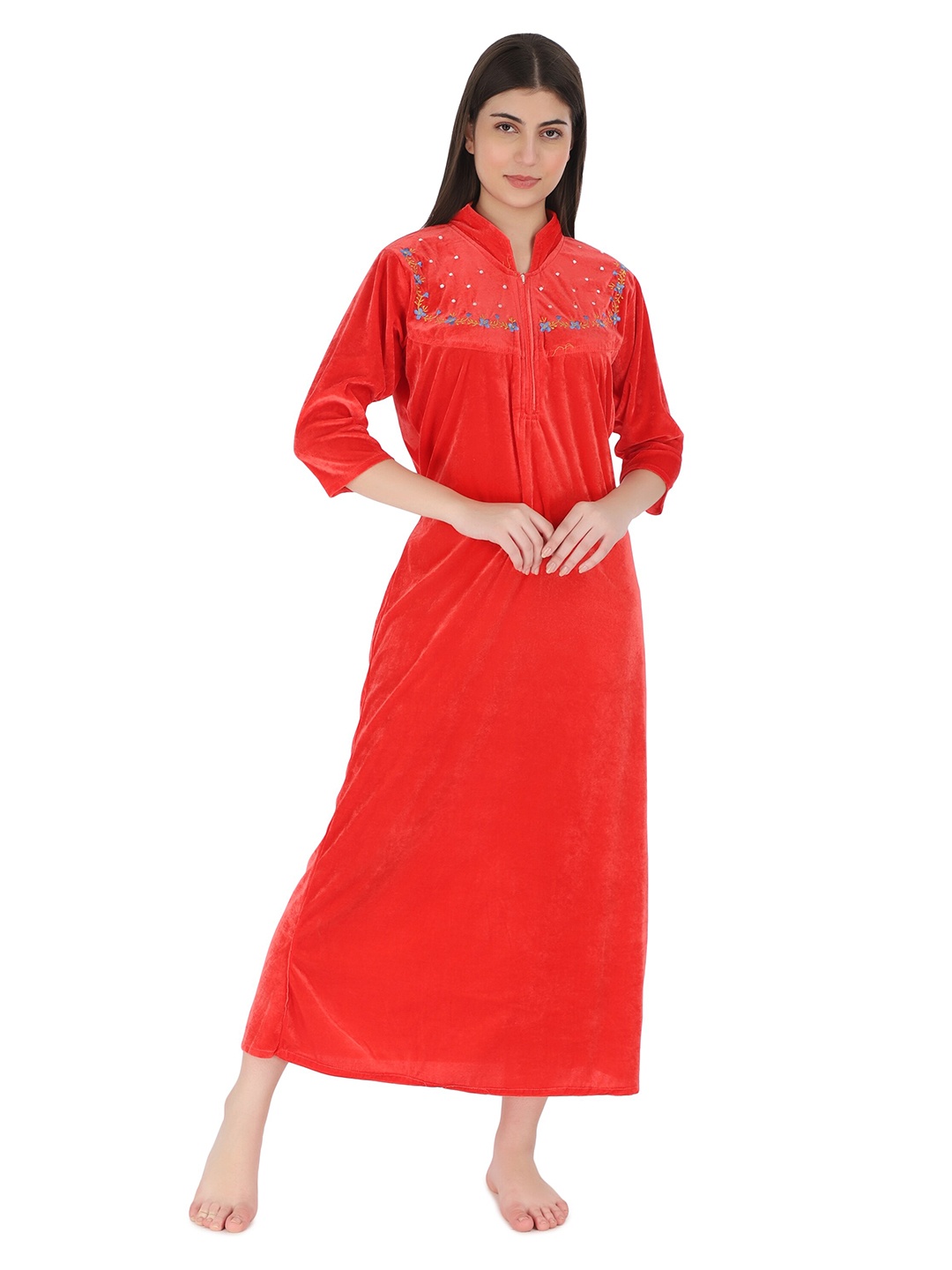 

Kastner Mandarin Collar Velvet Nightdress, Red