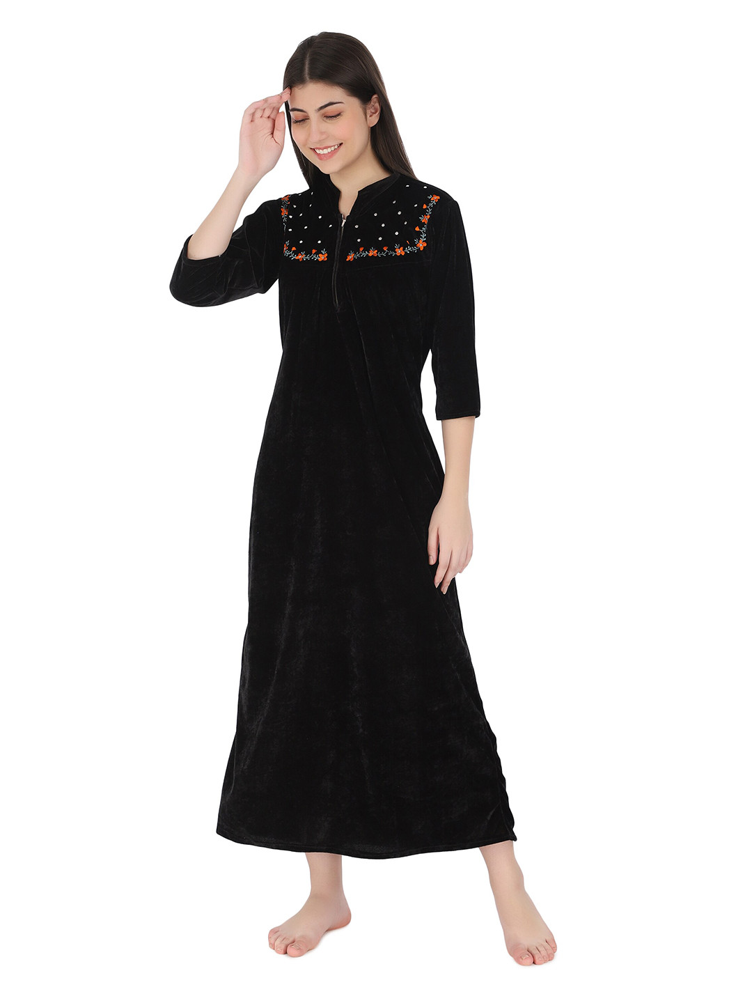 

Kastner Floral Embroidered Velvet Mandarin Collar Maxi Nightdress, Black