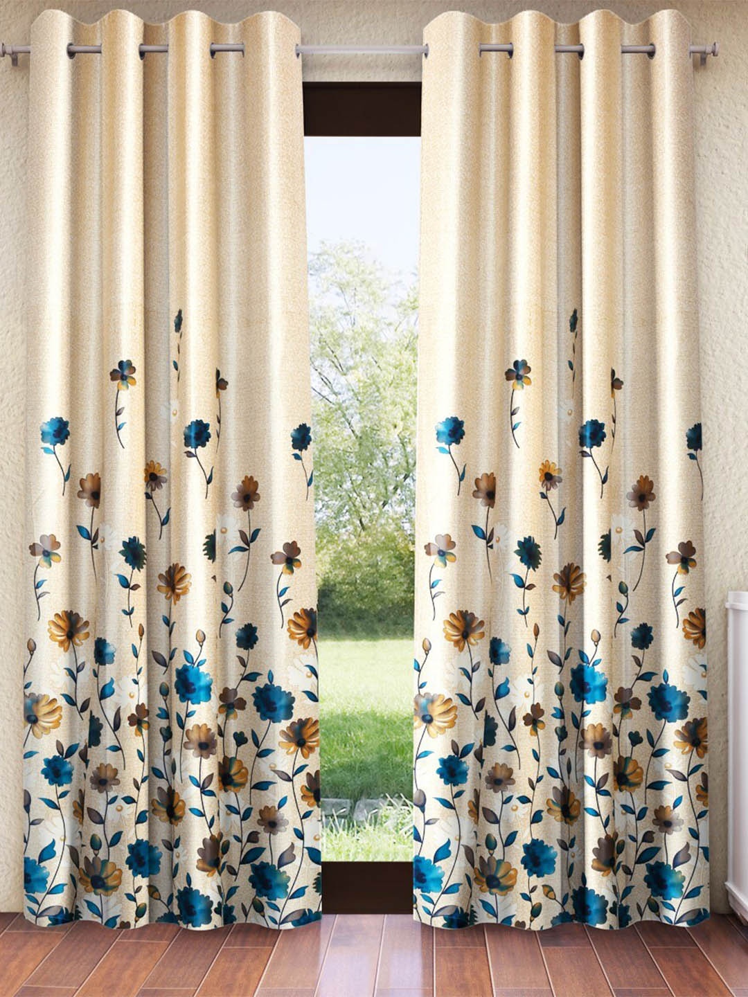 

Home Sizzler Cream-Coloured & Blue 2 Pieces Floral Printed Room Darkening Door Curtains