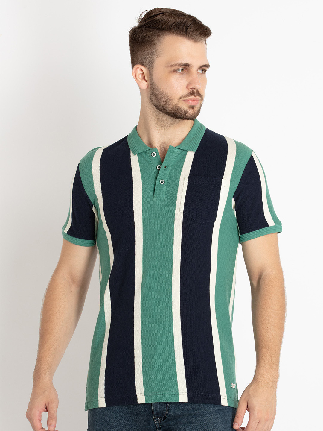 

Status Quo Striped Polo Collar Cotton T-shirt, Green